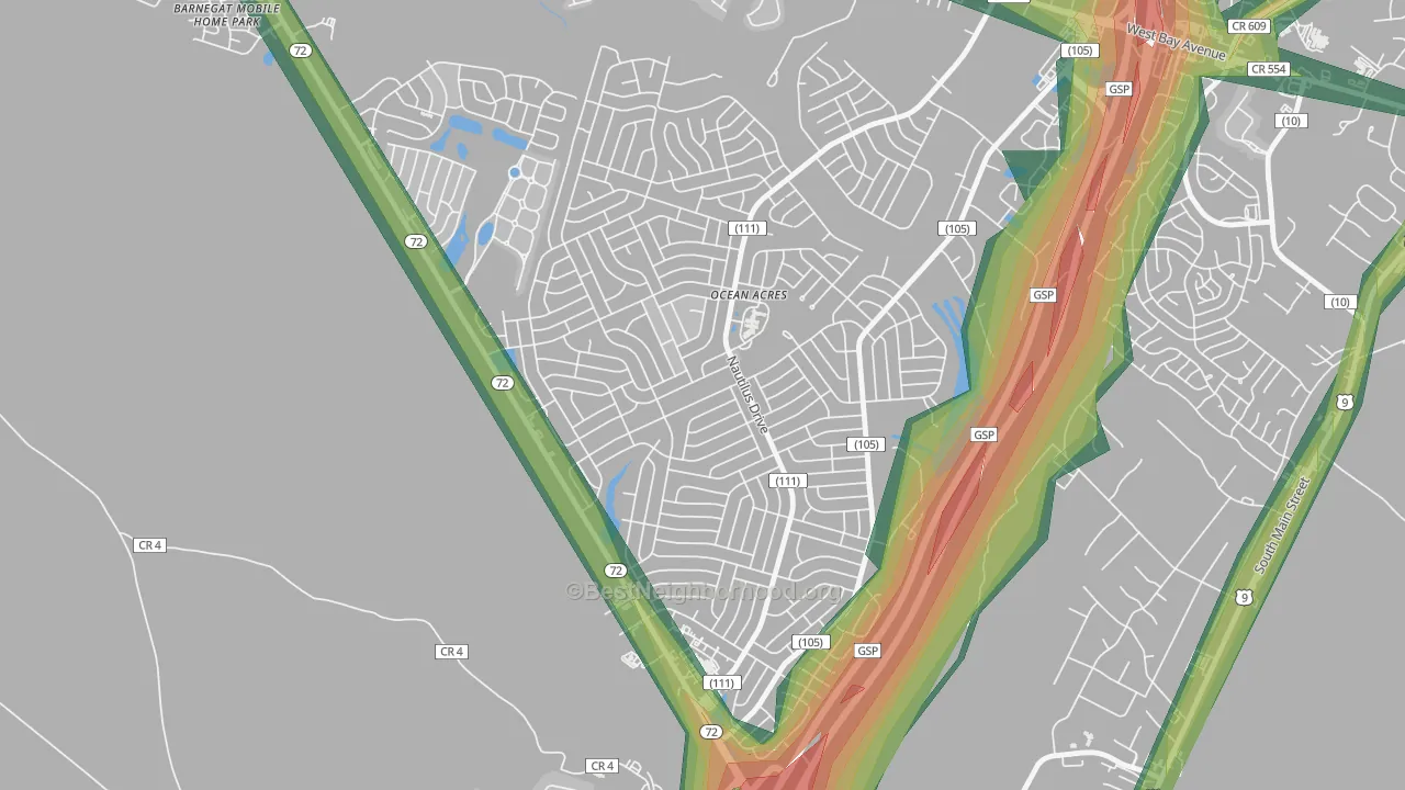 Ocean Acres, NJ Map of Noise Levels in Ocean Acres