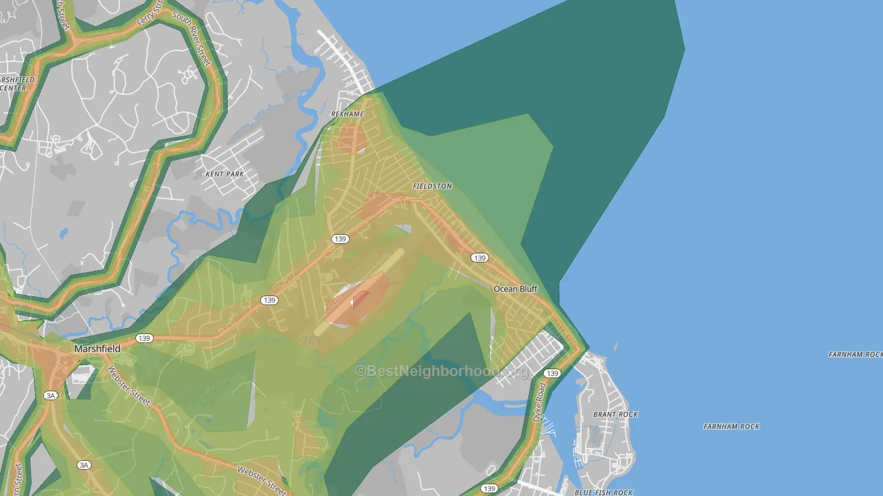 Ocean Bluff-Brant Rock, MA Map of Noise Levels in Ocean Bluff-Brant Rock