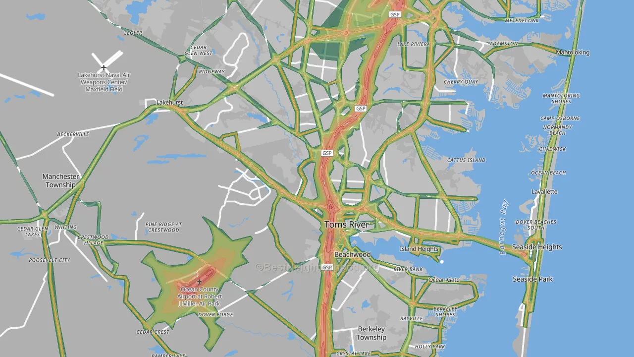 Ocean County, NJ Map of Noise Levels in Ocean County