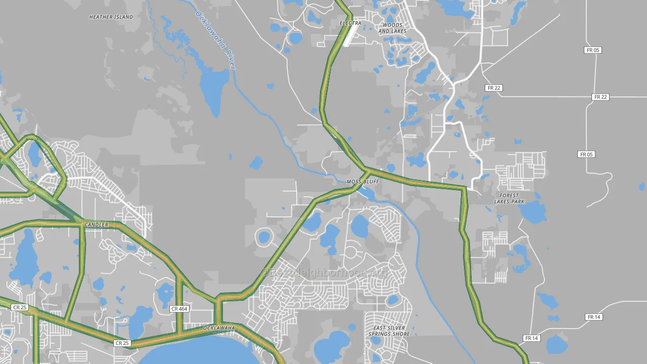 Ocklawaha, FL Map of Noise Levels in Ocklawaha
