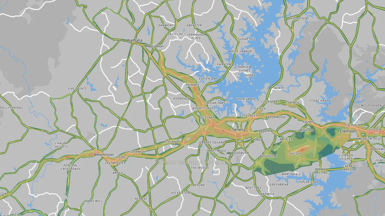 Oconee County, SC Map of Noise Levels in Oconee County
