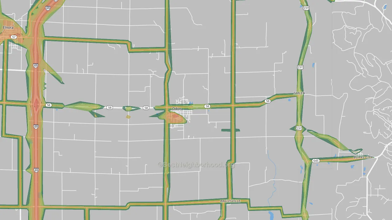 Odon, IN Map of Noise Levels in Odon