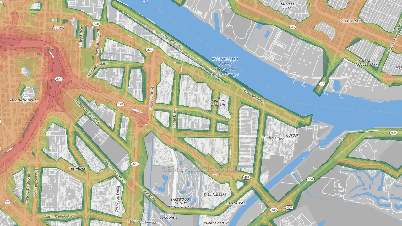 Old Aurora, New Orleans, LA Map of Noise Levels in Old Aurora