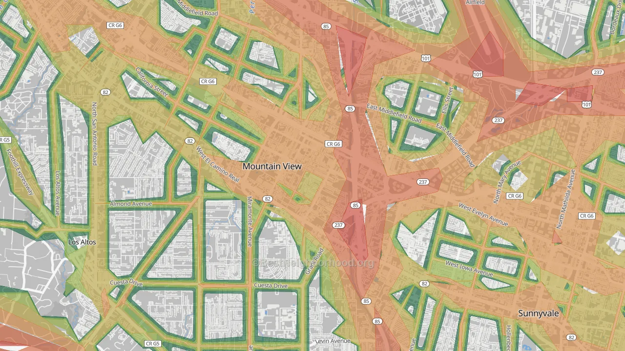 Old Mountain View, Mountain View, CA Map of Noise Levels in Old Mountain View