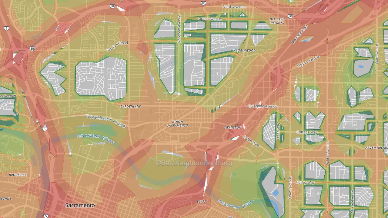 Old North Sacramento, Sacramento, CA Map of Noise Levels in Old North Sacramento
