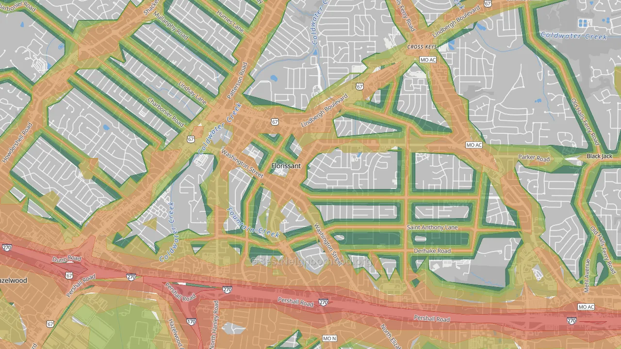 Old Town Florissant, Florissant, MO Map of Noise Levels in Old Town Florissant