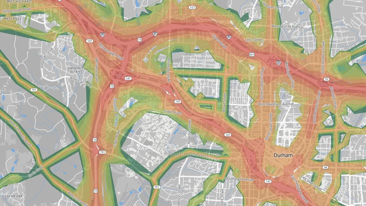 Old West Durham, Durham, NC Map of Noise Levels in Old West Durham