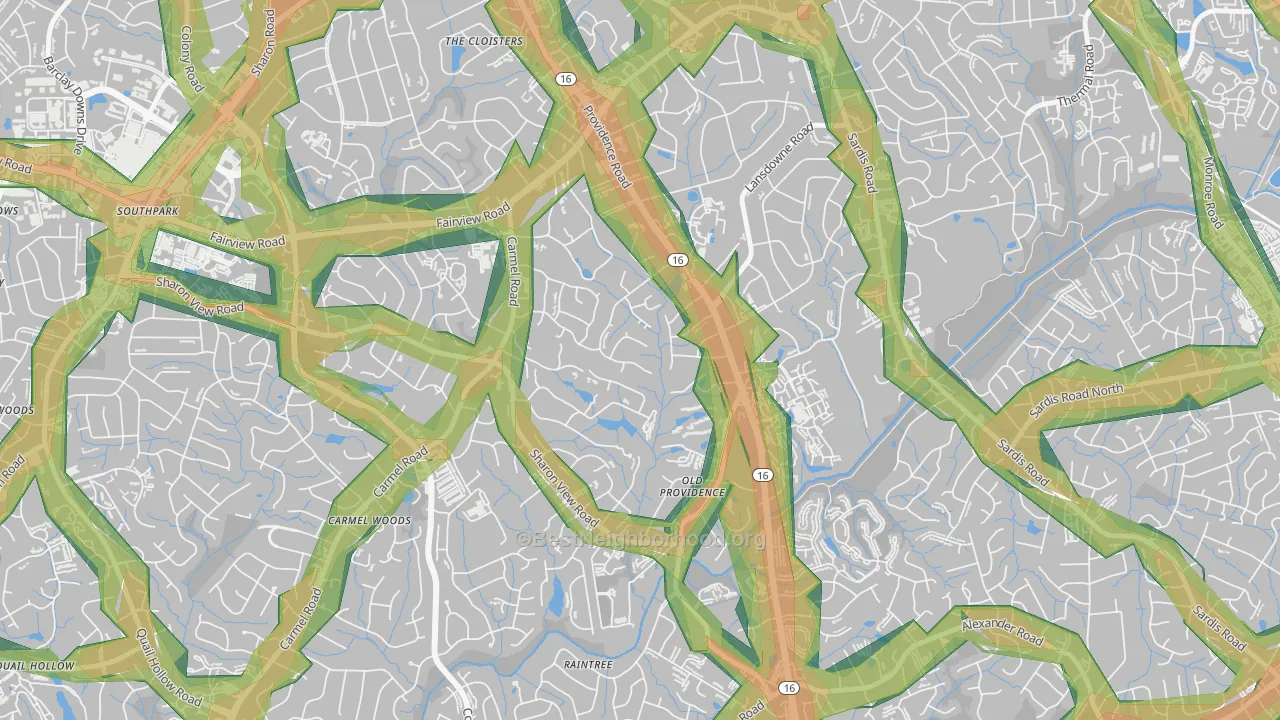 Olde Providence North, Charlotte, NC Map of Noise Levels in Olde Providence North