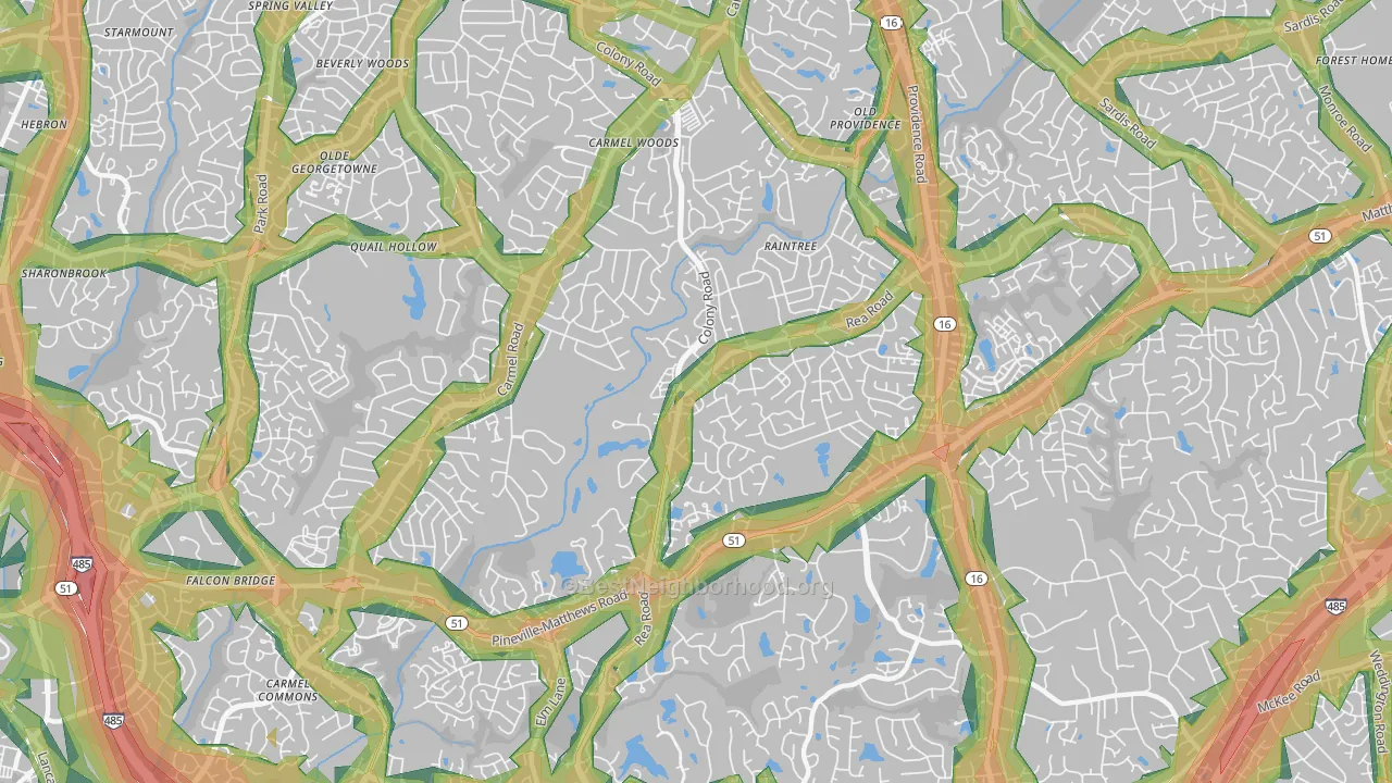 Olde Providence South, Charlotte, NC Map of Noise Levels in Olde Providence South
