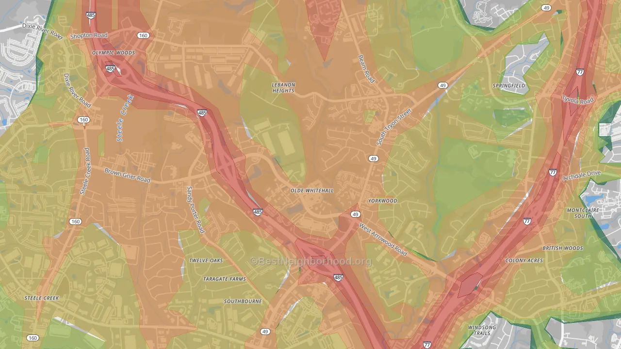 Olde Whitehall, Charlotte, NC Map of Noise Levels in Olde Whitehall