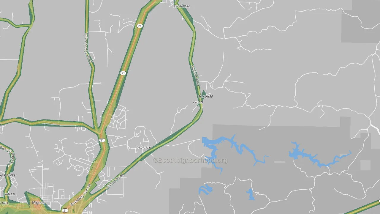 Oldfield, AL Map of Noise Levels in Oldfield