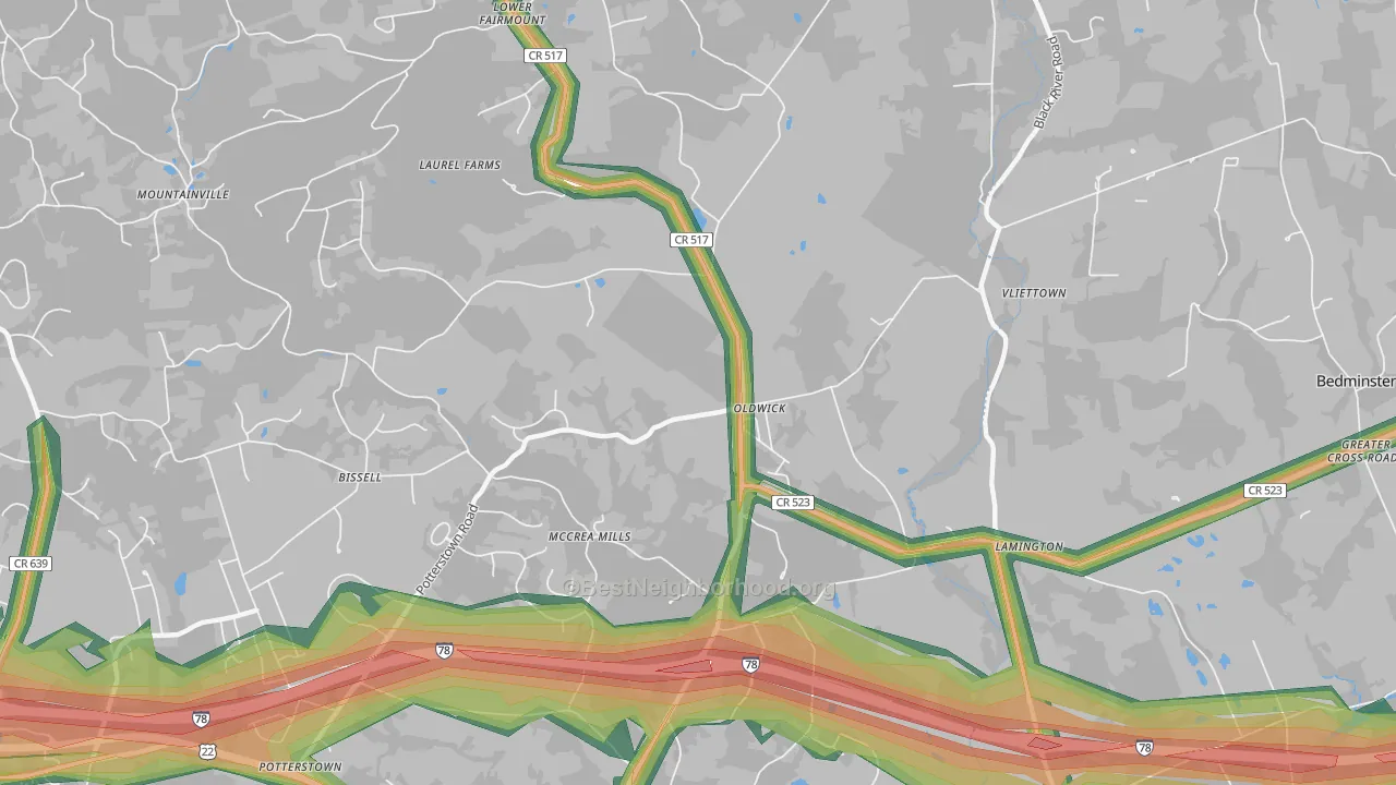 Oldwick, NJ Map of Noise Levels in Oldwick