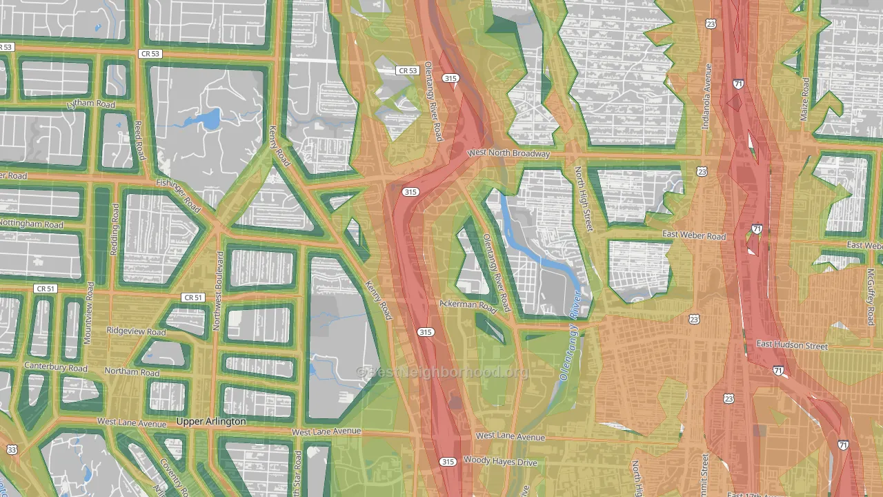 Olentangy River Road, Columbus, OH Map of Noise Levels in Olentangy River Road