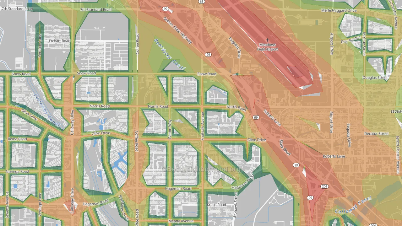 Olive Drive Area, Bakersfield, CA Map of Noise Levels in Olive Drive Area