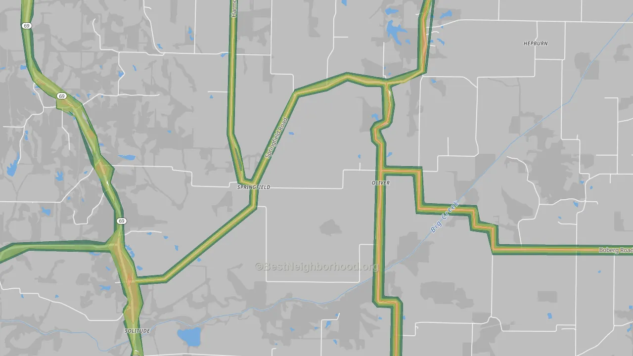 Oliver, IN Map of Noise Levels in Oliver