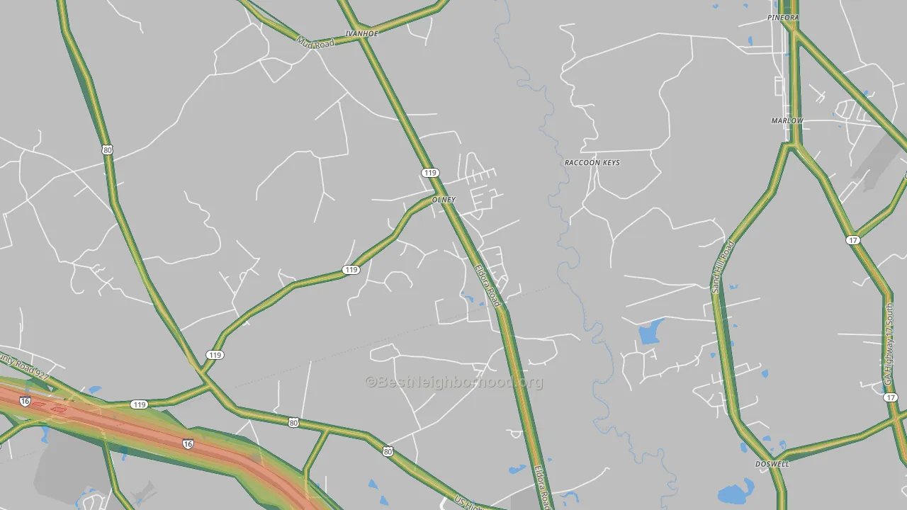 Olney, GA Map of Noise Levels in Olney