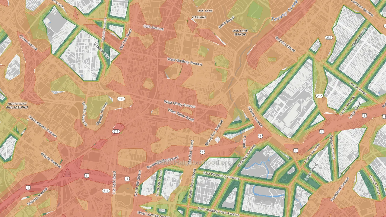 Olney, Philadelphia, PA Map of Noise Levels in Olney