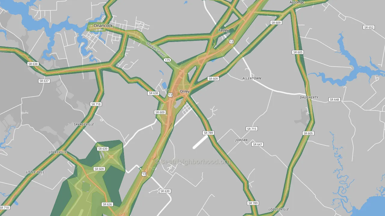 Onley, VA Map of Noise Levels in Onley