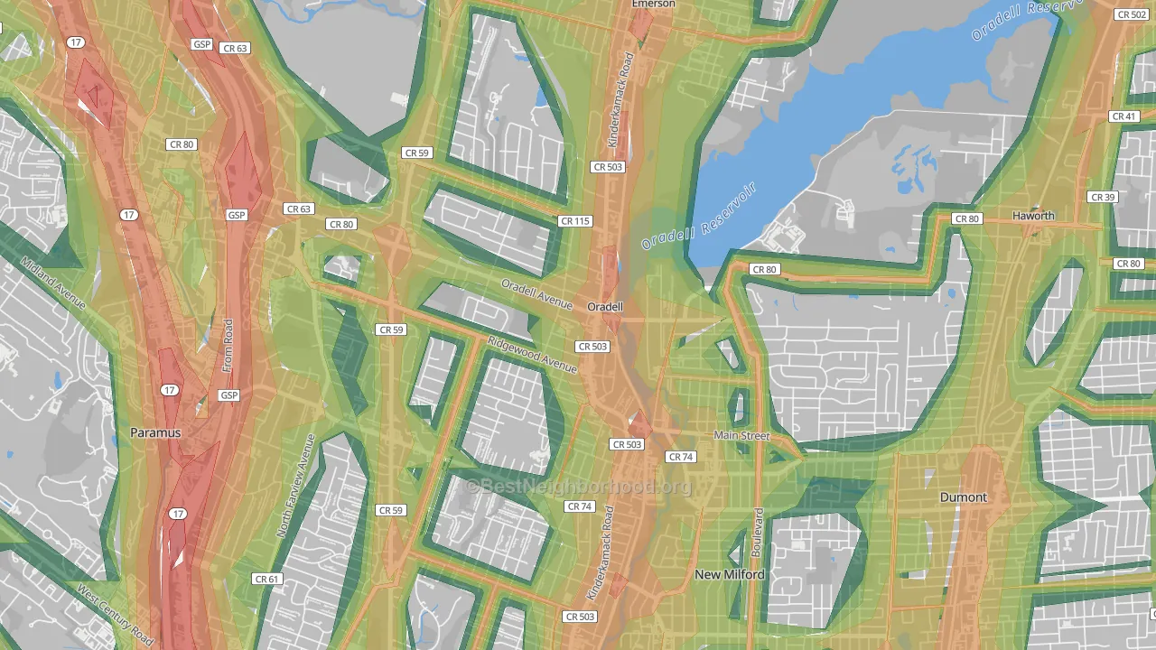 Oradell, NJ Map of Noise Levels in Oradell