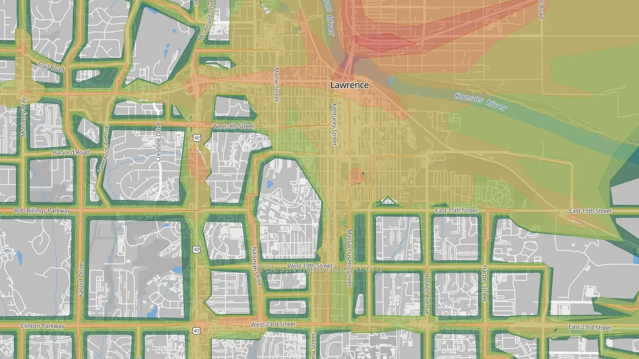 Oread, Lawrence, KS Map of Noise Levels in Oread
