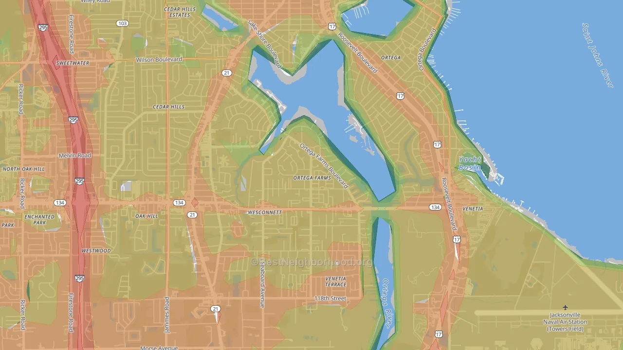 Ortega Farms, Jacksonville, FL Map of Noise Levels in Ortega Farms