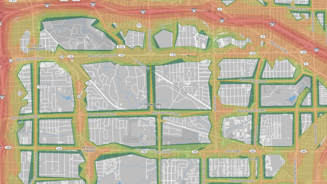 Ottawa Hills, OH Map of Noise Levels in Ottawa Hills