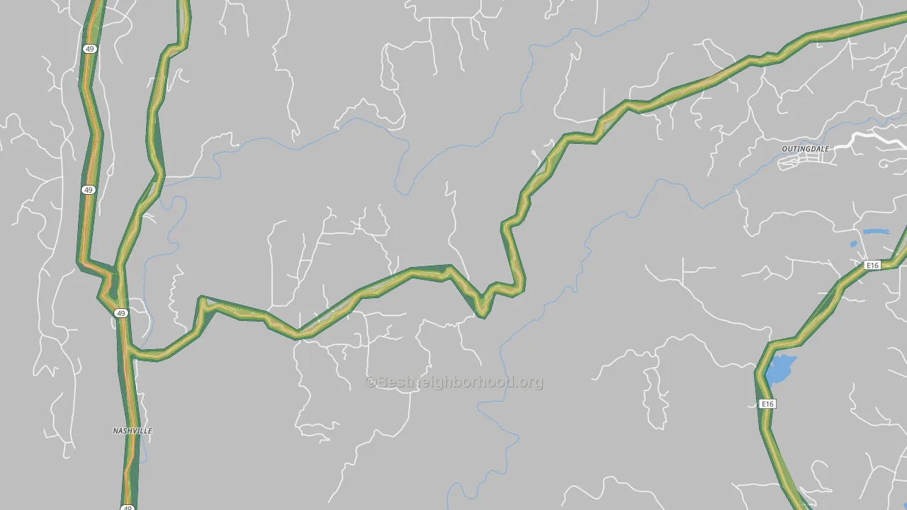Outingdale, CA Map of Noise Levels in Outingdale