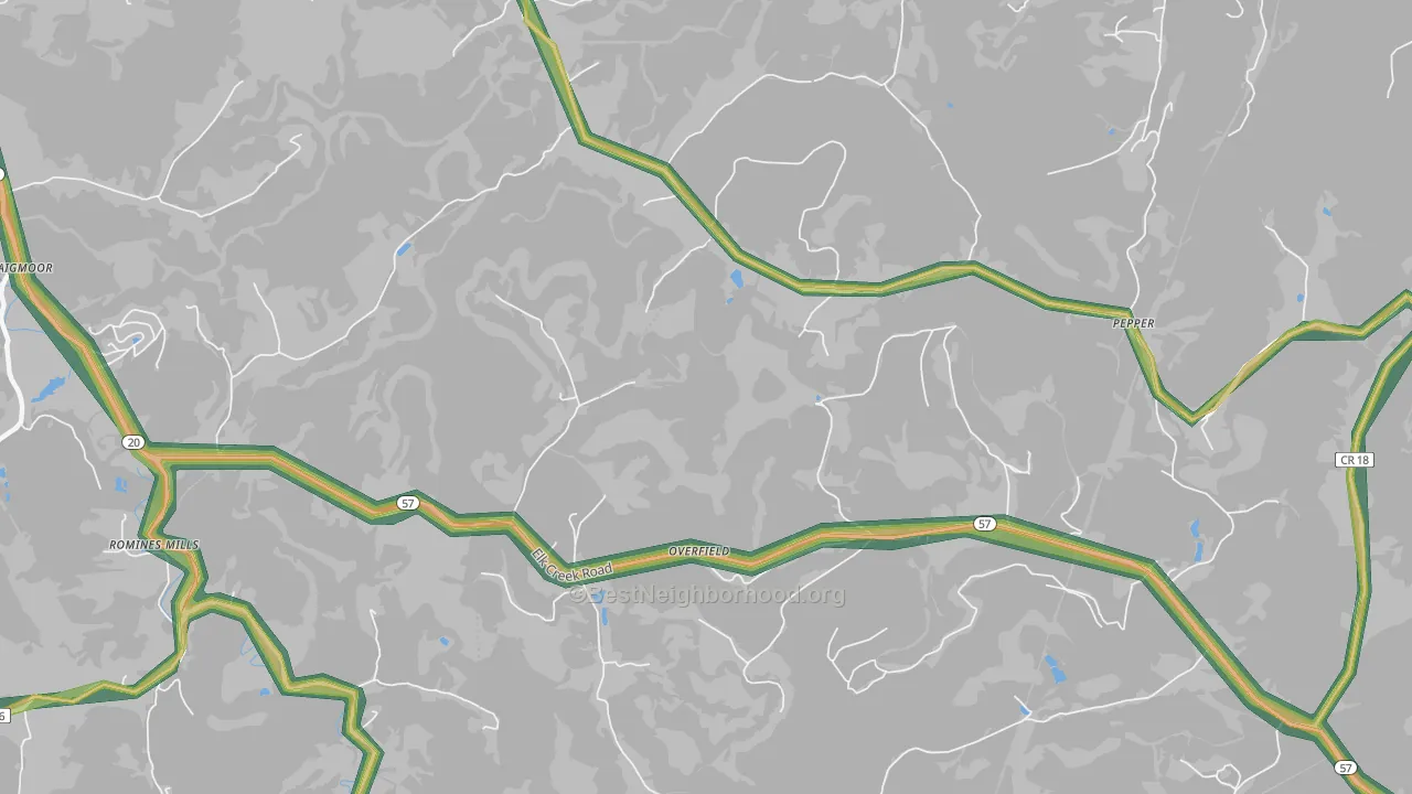 Overfield, WV Map of Noise Levels in Overfield