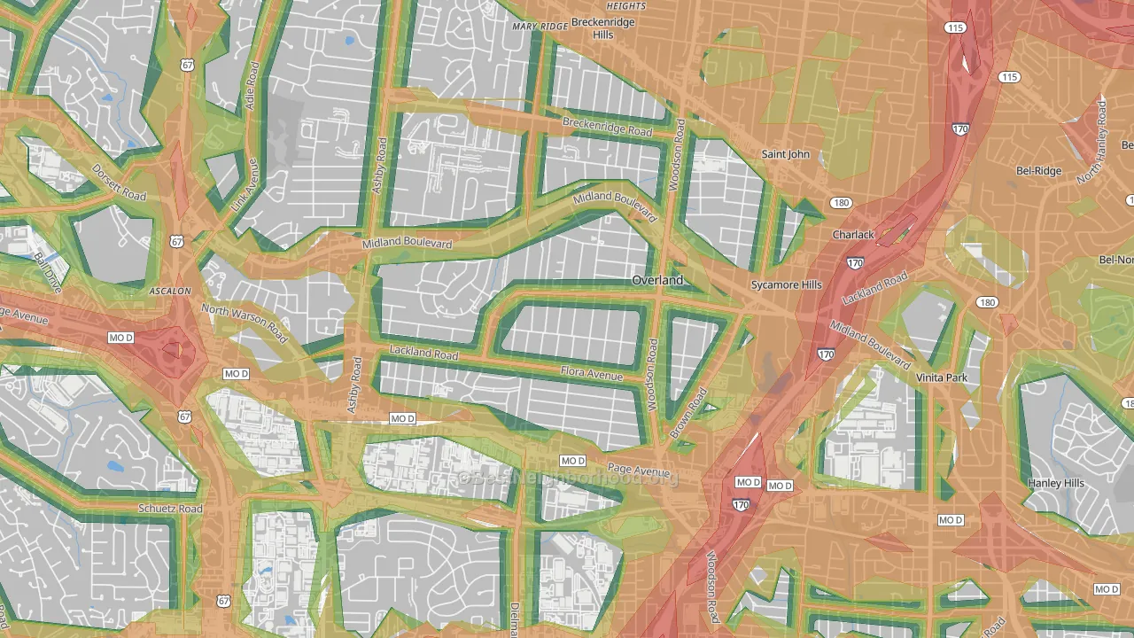 Overland, MO Map of Noise Levels in Overland