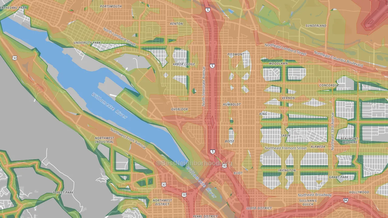 Overlook, Portland, OR Map of Noise Levels in Overlook