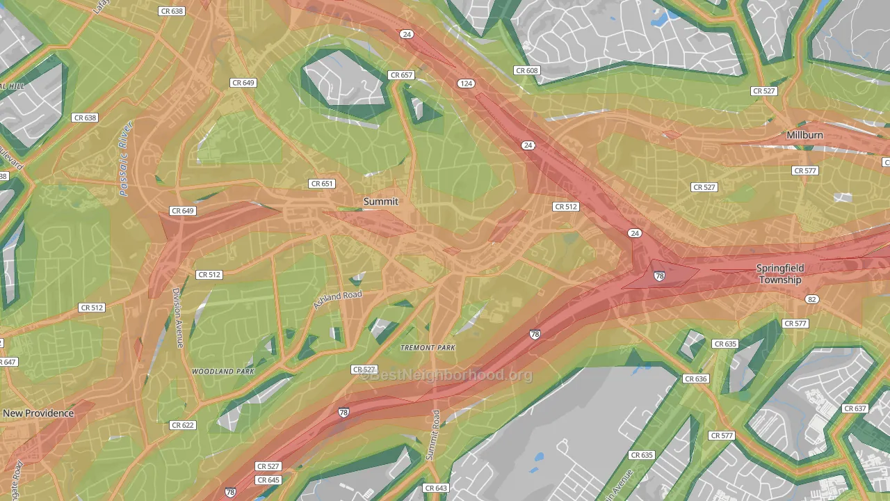 Overlook, Summit, NJ Map of Noise Levels in Overlook