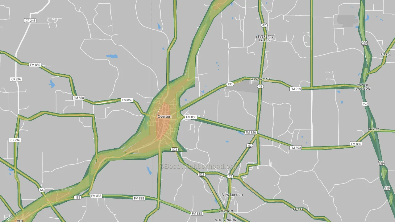 Overton, TX Map of Noise Levels in Overton