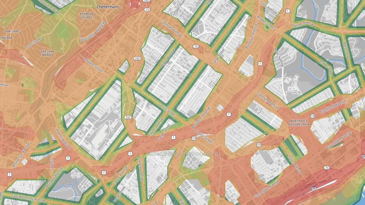 Oxford Circle, Philadelphia, PA Map of Noise Levels in Oxford Circle