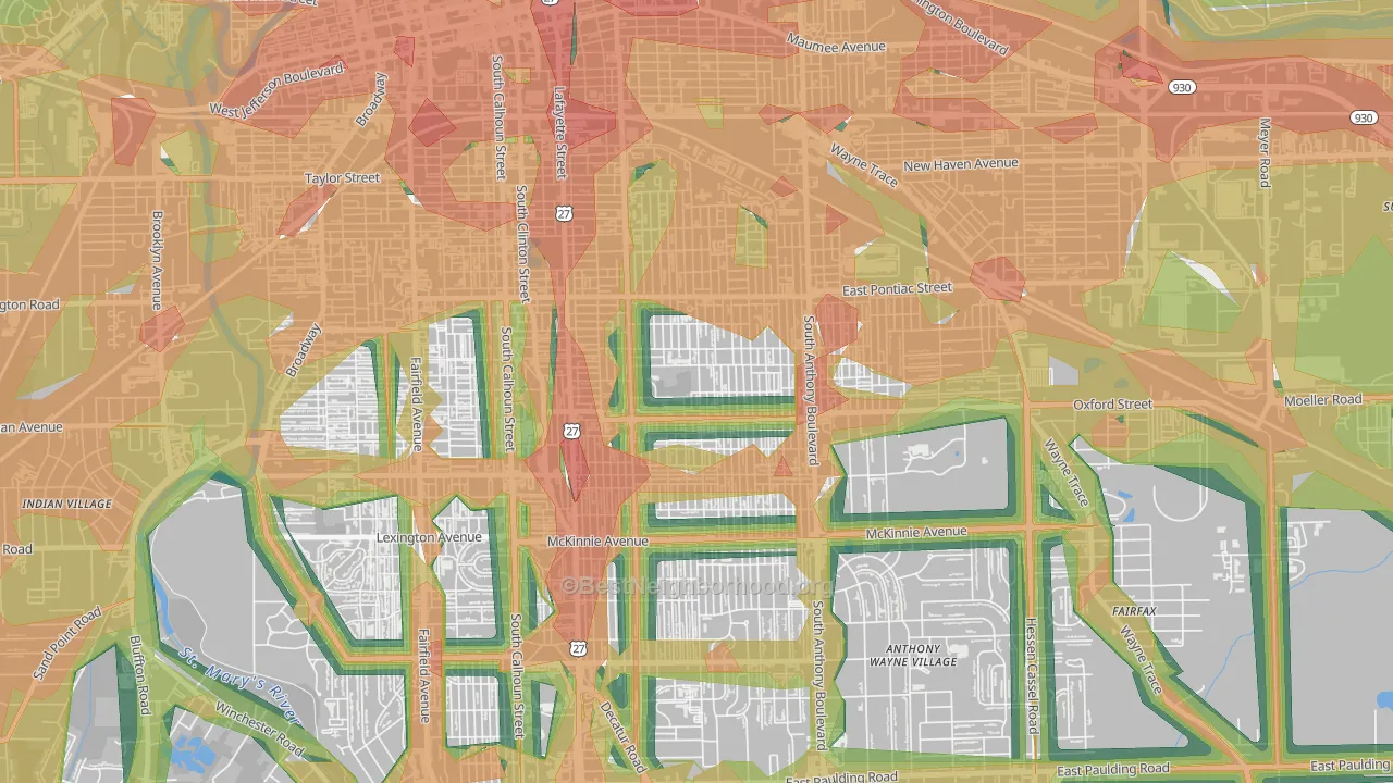 Oxford, Fort Wayne, IN Map of Noise Levels in Oxford