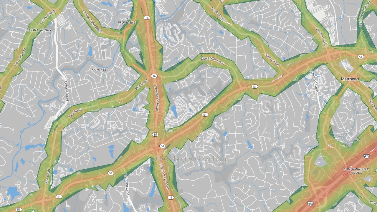 Oxford Hunt, Charlotte, NC Map of Noise Levels in Oxford Hunt