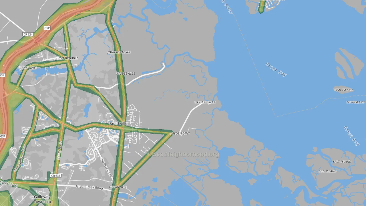 Oyster Creek, NJ Map of Noise Levels in Oyster Creek