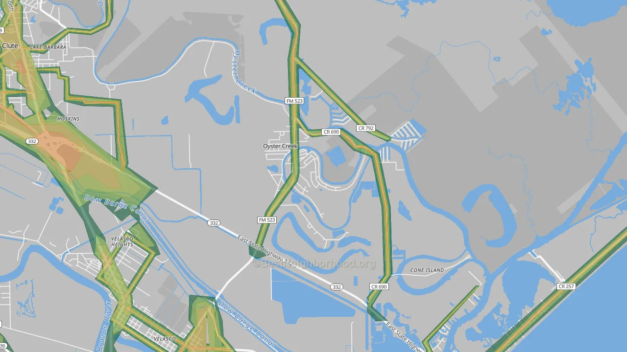 Oyster Creek, TX Map of Noise Levels in Oyster Creek