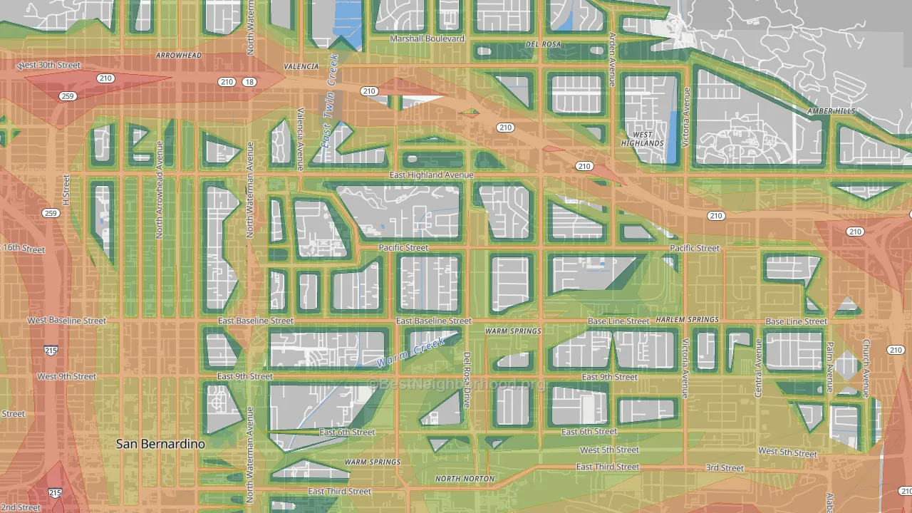 Pacific-Riverside, San Bernardino, CA Map of Noise Levels in Pacific-Riverside