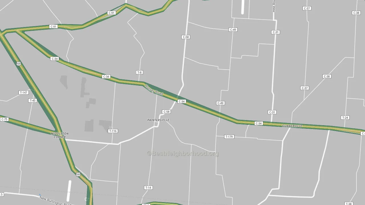 Paintersville, OH Map of Noise Levels in Paintersville