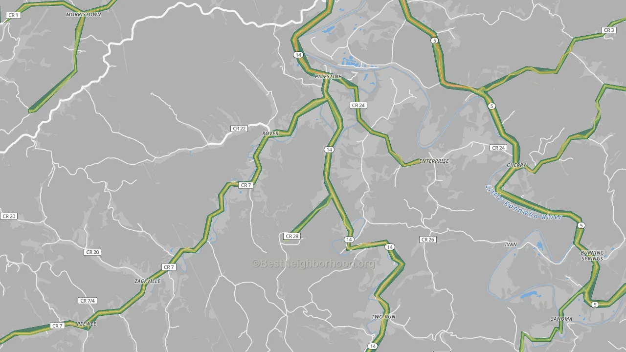 Palestine, WV Map of Noise Levels in Palestine