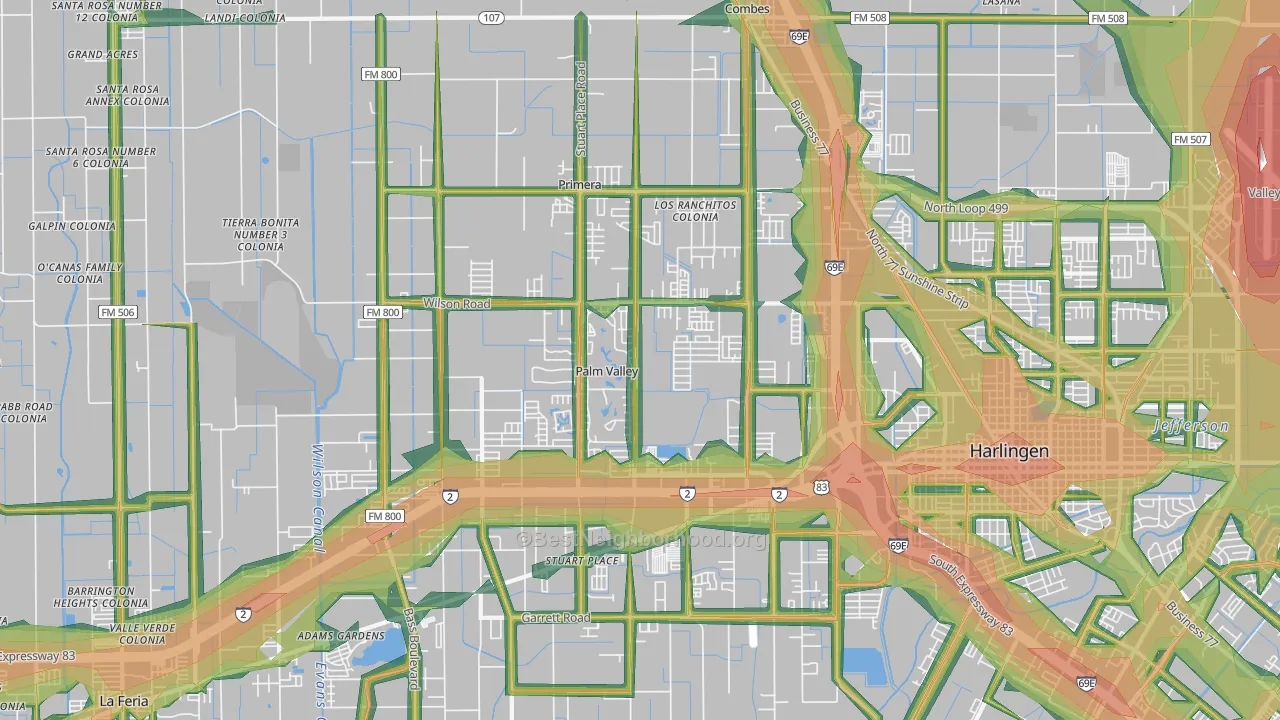 Palm Valley, TX Map of Noise Levels in Palm Valley