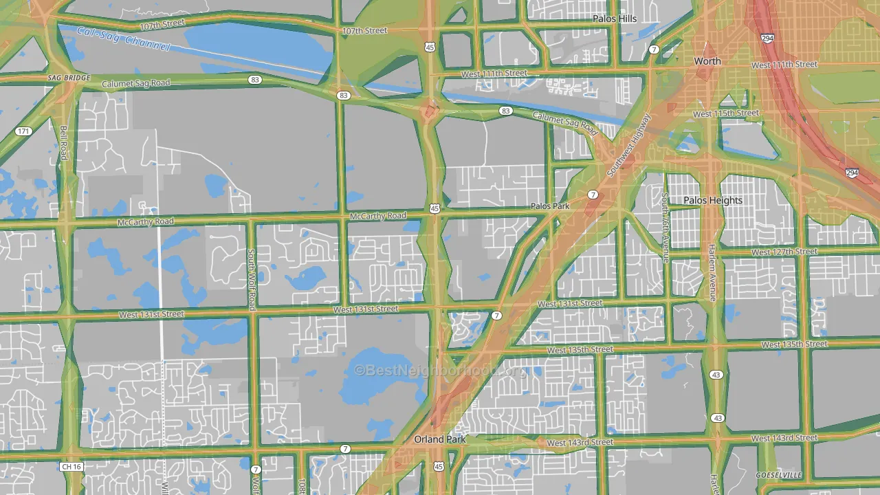 Palos Park, IL Map of Noise Levels in Palos Park