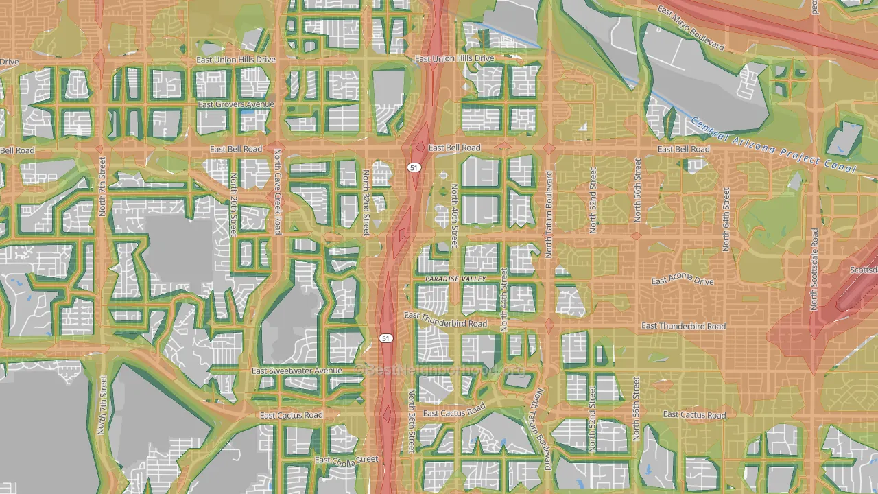 Paradise Valley, Phoenix, AZ Map of Noise Levels in Paradise Valley