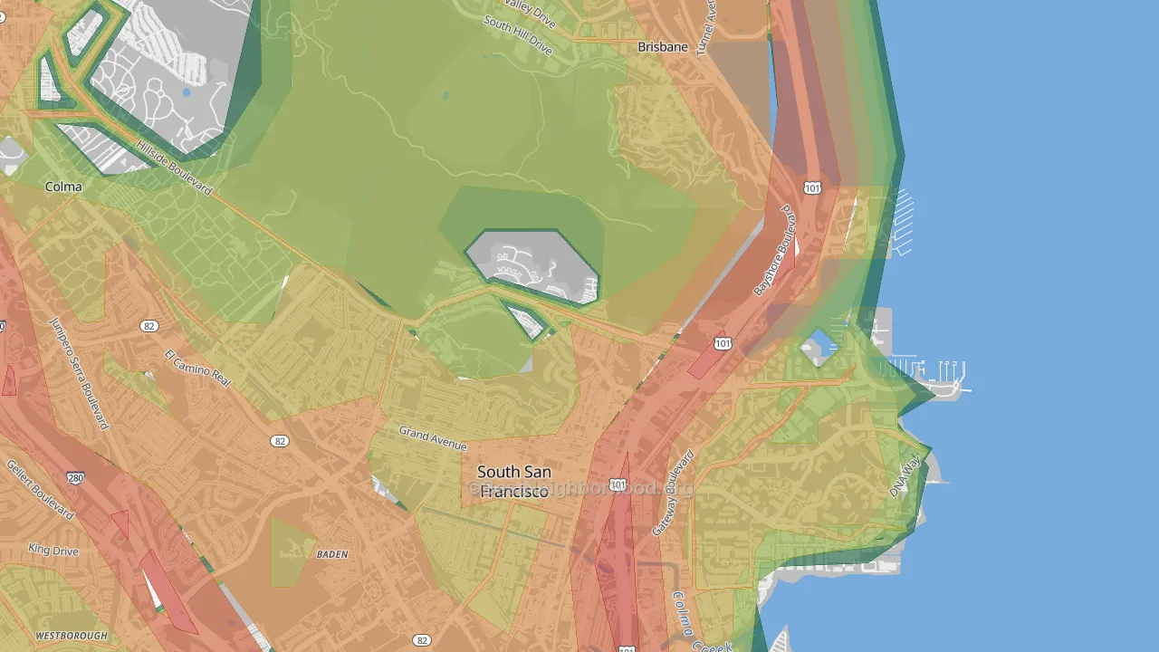 Paradise Valley, South San Francisco, CA Map of Noise Levels in Paradise Valley