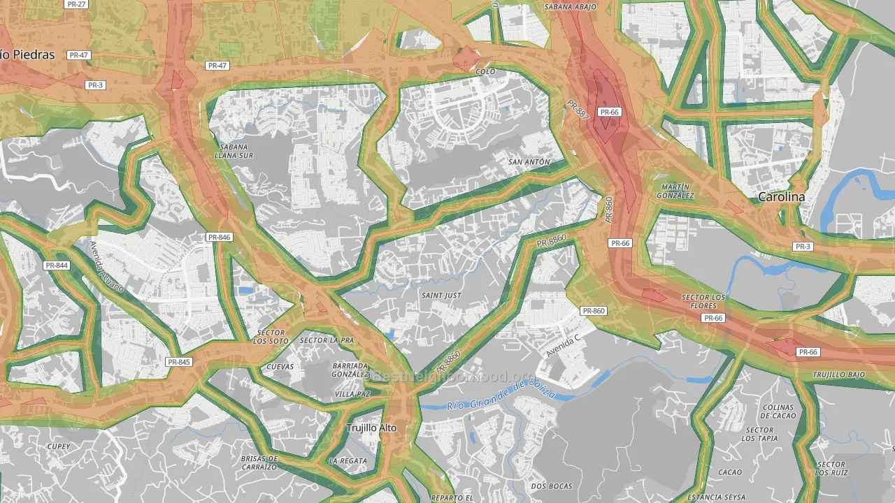 Parcelas Saint Just, Trujillo Alto, PR Map of Noise Levels in Parcelas Saint Just