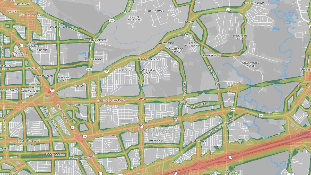Park Forest-Louisiana North, Baton Rouge, LA Map of Noise Levels in Park Forest-Louisiana North