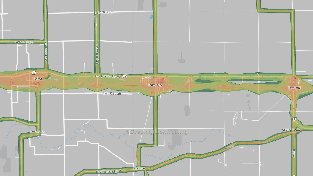 Parker City, IN Map of Noise Levels in Parker City