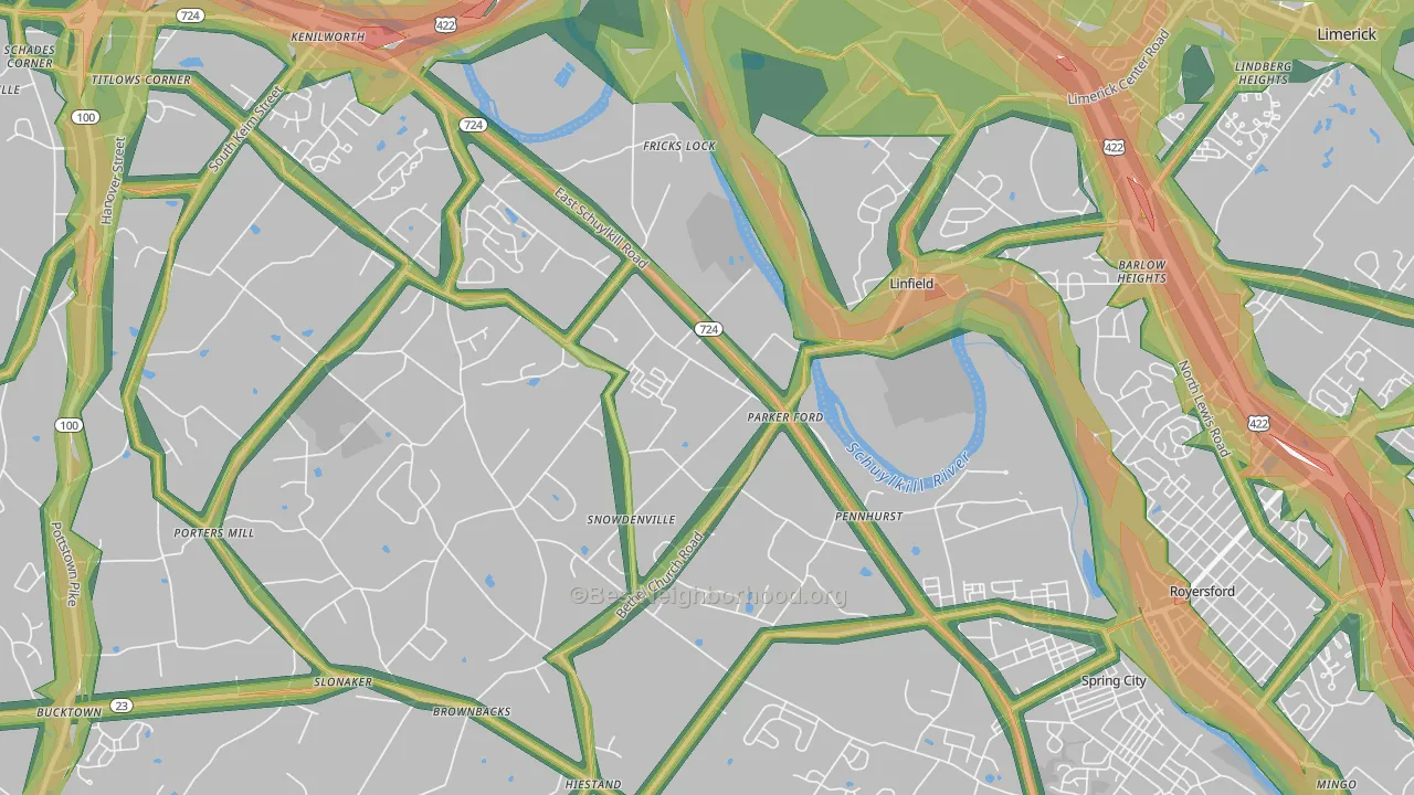 Parker Ford, PA Map of Noise Levels in Parker Ford