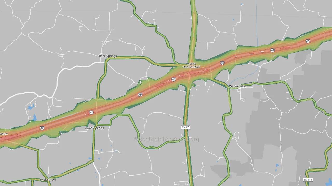 Parkers Crossroads, TN Map of Noise Levels in Parkers Crossroads