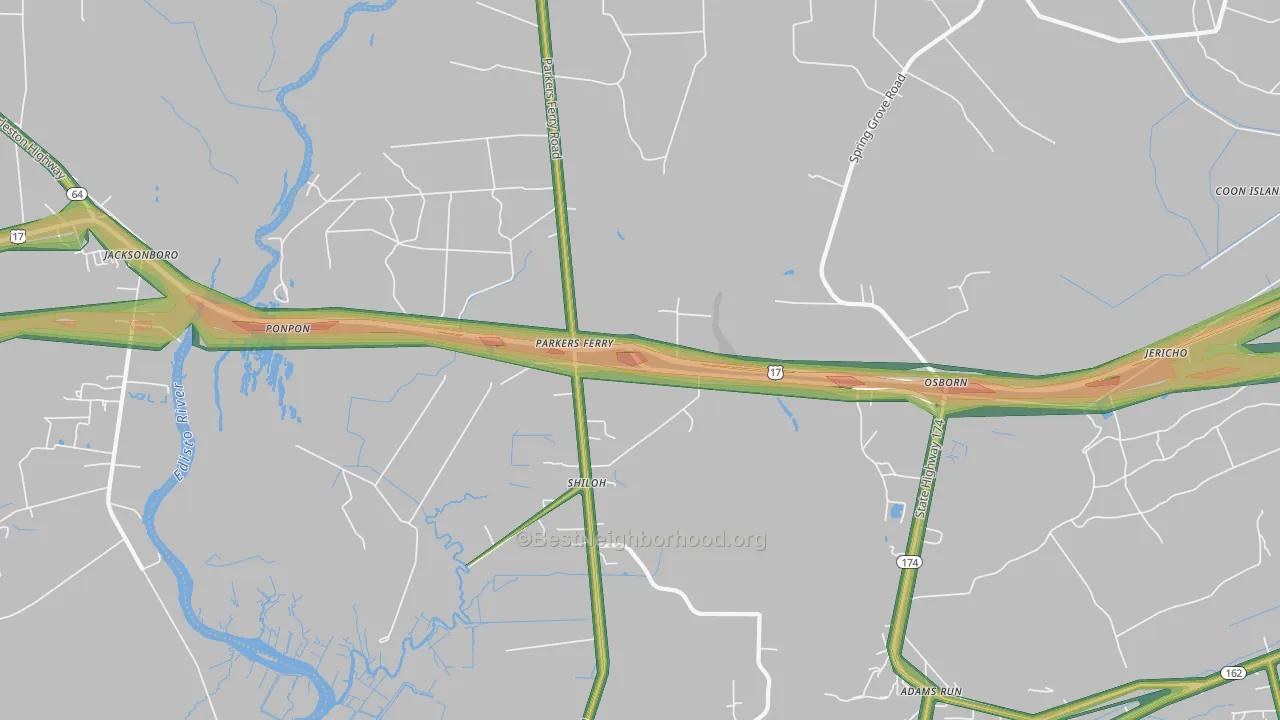 Parkers Ferry, SC Map of Noise Levels in Parkers Ferry